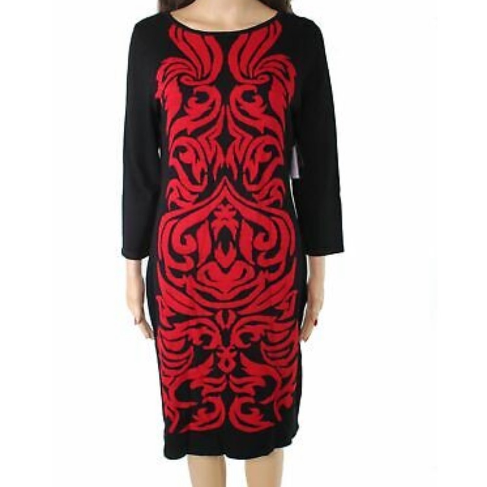 (M, L) Nine West Black with Red Abstract Detail Sweater Dress - Picture 2 of 11